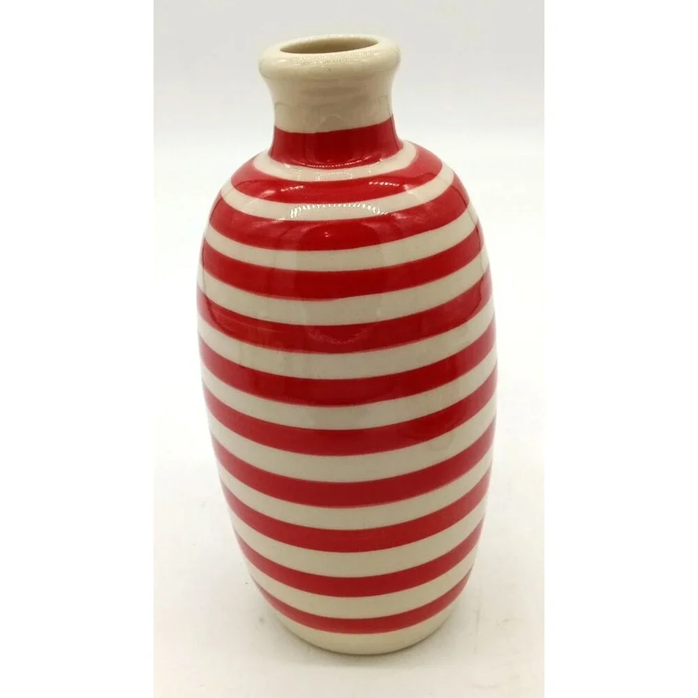 Handmade Beneoliva Spain Red & Beige Striped Ceramic Olive Oil Bottle Vase 7.75